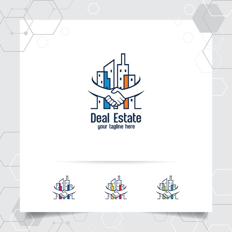 Immobilien Logo Design Vektor mit Konzept von Deal und Handshake. Immobilien- und Wohnungslogovektor für Hotel, Residenz, Bau und Auftragnehmer.