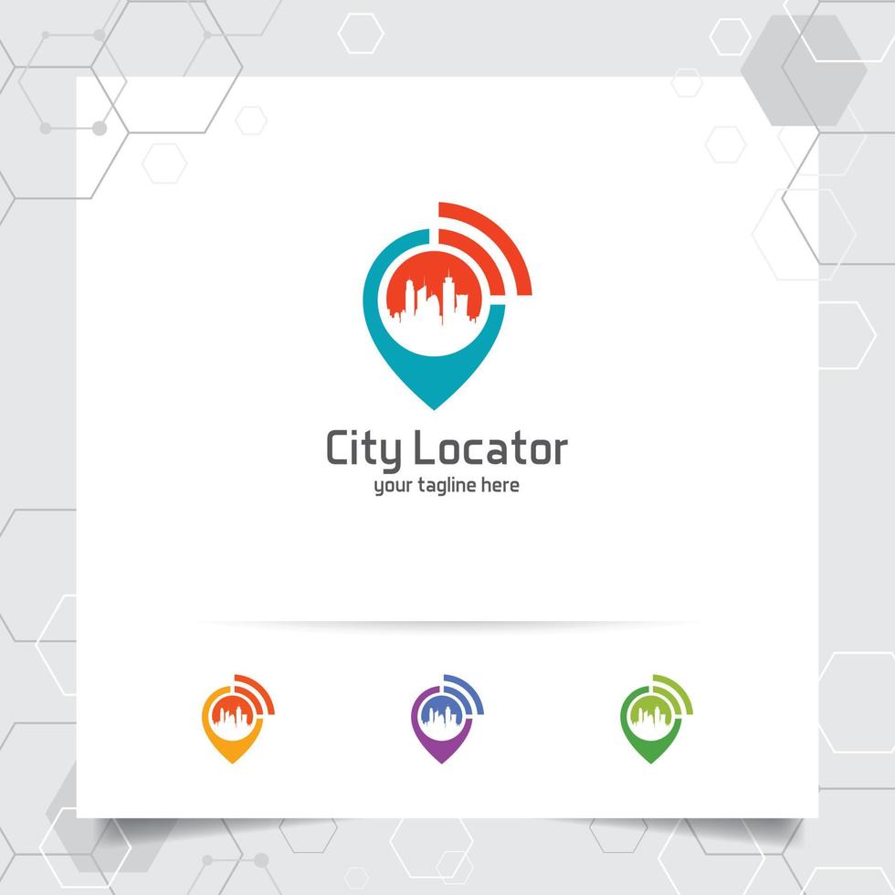 Stadt suchen Logo-Vektor mit dem Konzept des Pin-Karten-Locators und des WLAN-Stadtbild-Symboldesigns für Reisen, lokale Reiseführer, GPS und Tour. vektor