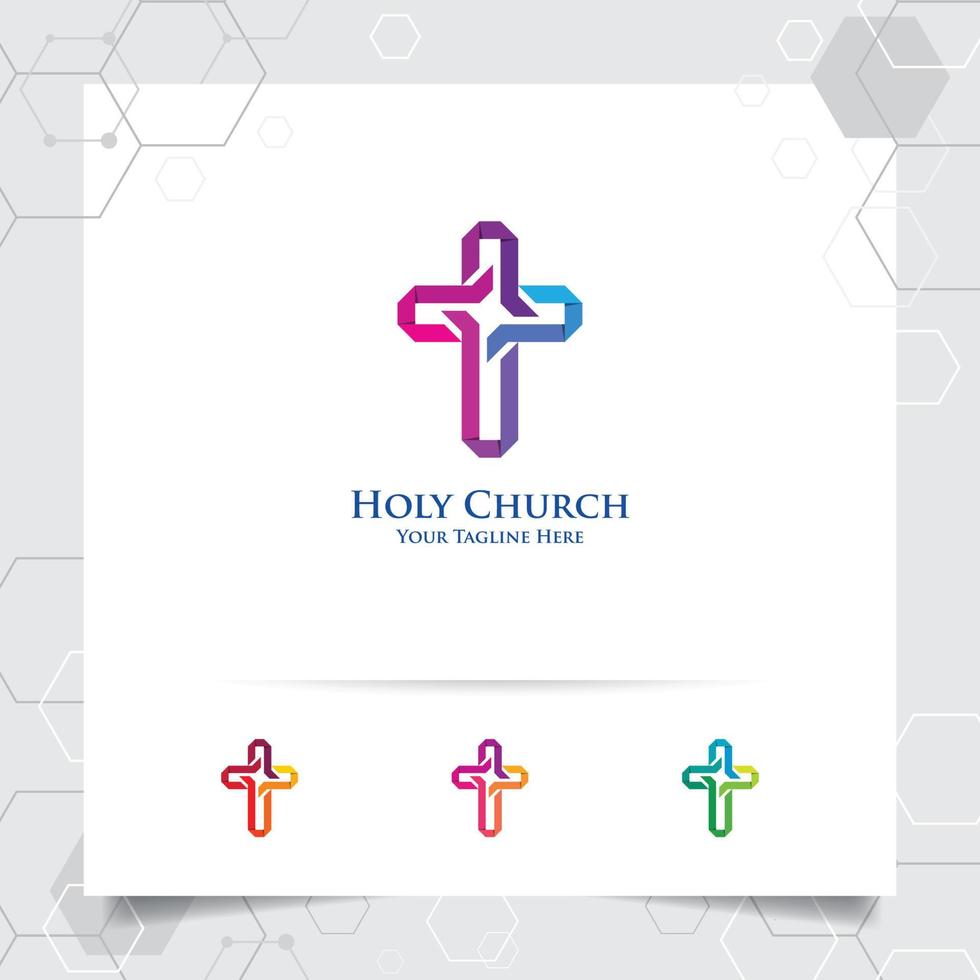 Christian Cross logotyp design med begreppet religiös symbol. korsvektorikon för kyrka, dop, vektor