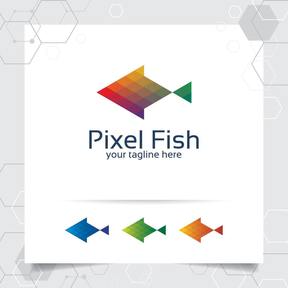 Fisch-Maskottchen-Vektor-Design-Illustration mit buntem Dreieck und Pixel-Konzept. Fischlogovektor für App, Geschäft und Studio. vektor