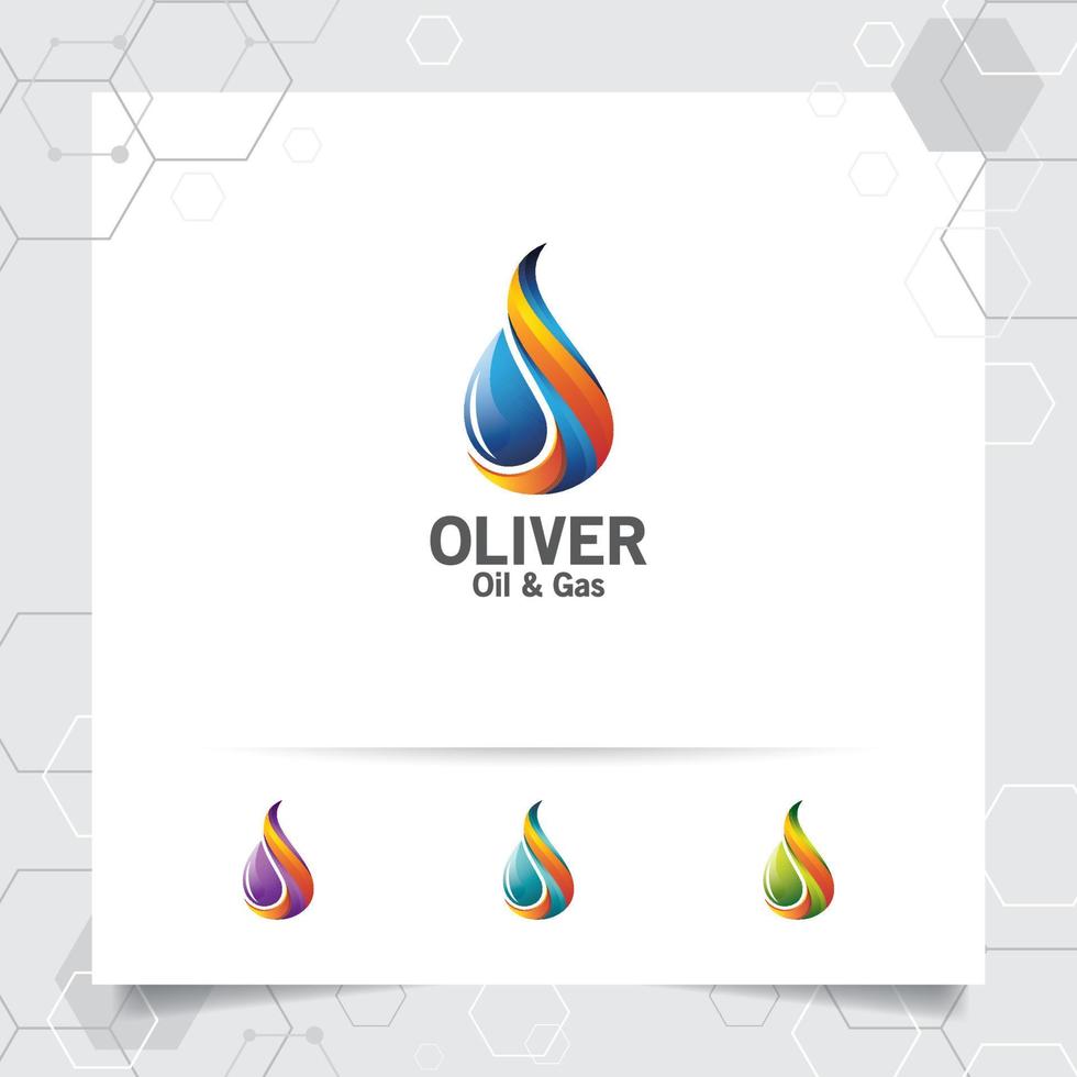 Ölgas-Logo-Design-Vektor mit Konzept von Feuer lodern und Öltröpfchen-Symbol für die Bergbauindustrie und die Kraftstoffverarbeitung. vektor