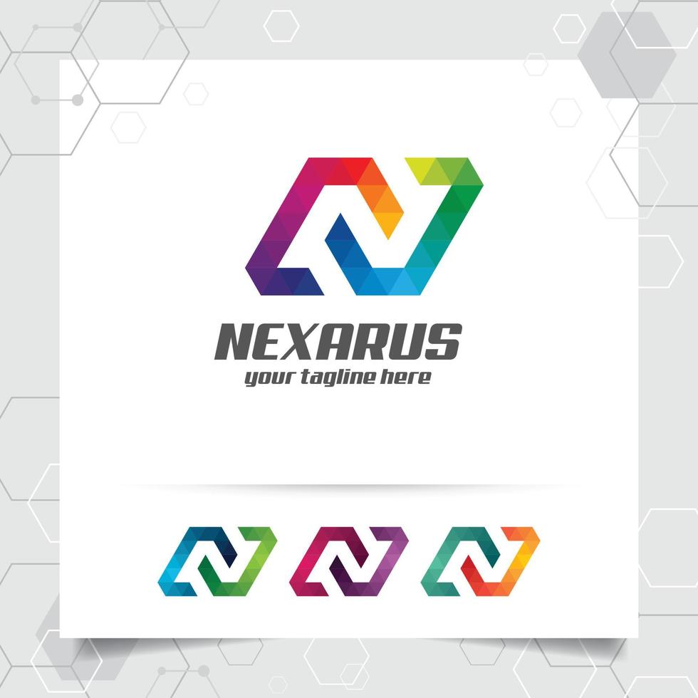 digitaler Logo-Buchstabe n-Designvektor mit modernen bunten Pixeln für Technologie, Software, Studio, App und Geschäft. vektor