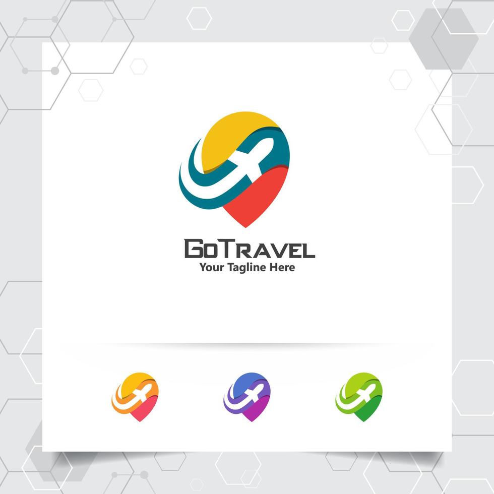resor logotyp designkoncept av flygplan ikon med nål karta symbol. resande logotyp vektor för världsturné, äventyr och semester.