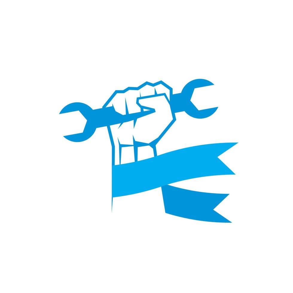 håller skiftnyckel hand med blått band, design för labor day symbol vektor