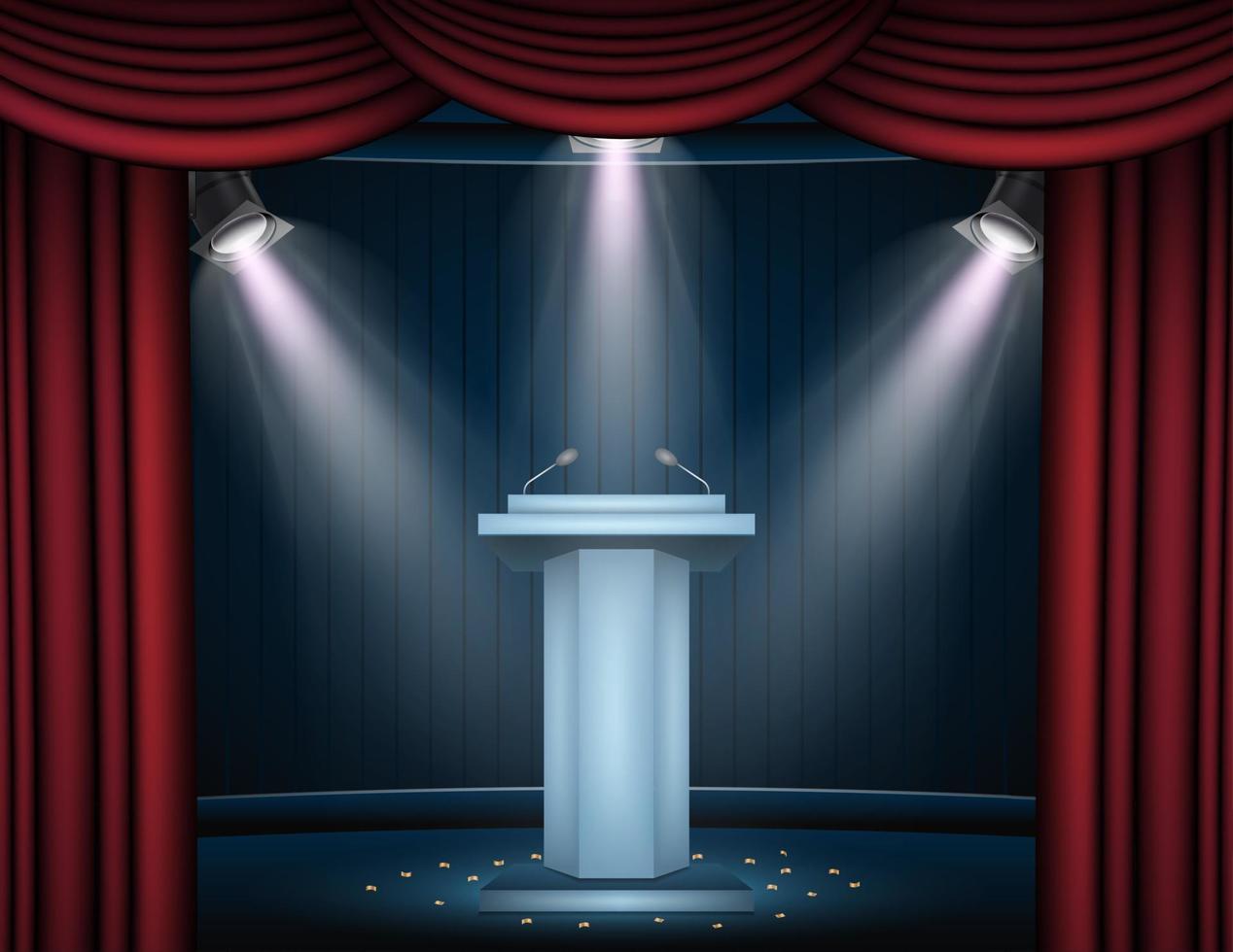 vektor illustration av showtime banner med podium och gardin upplyst av spotlights