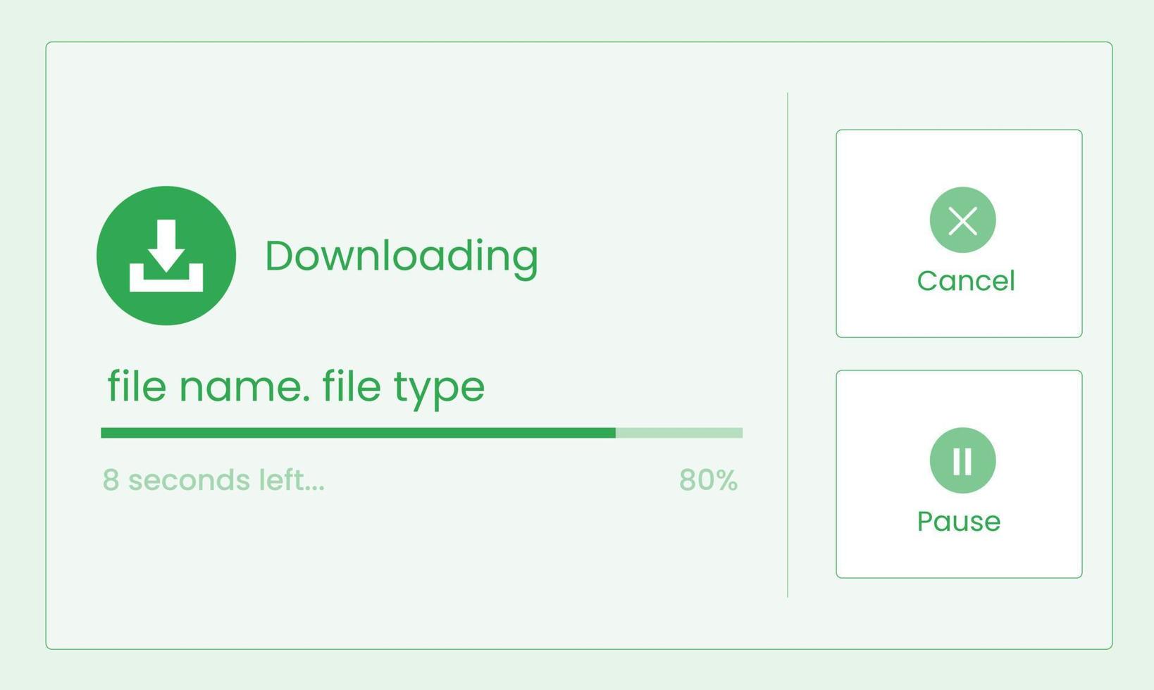 Datei-Download-Fenster mit Datei-Download-Symbol mit Abbruch- und Pause-Schaltflächen in grüner Farbe für Webschnittstellen, Popups, Dialogabläufe, Website-Fenster, Webseite, Produktentwicklung und Design. vektor