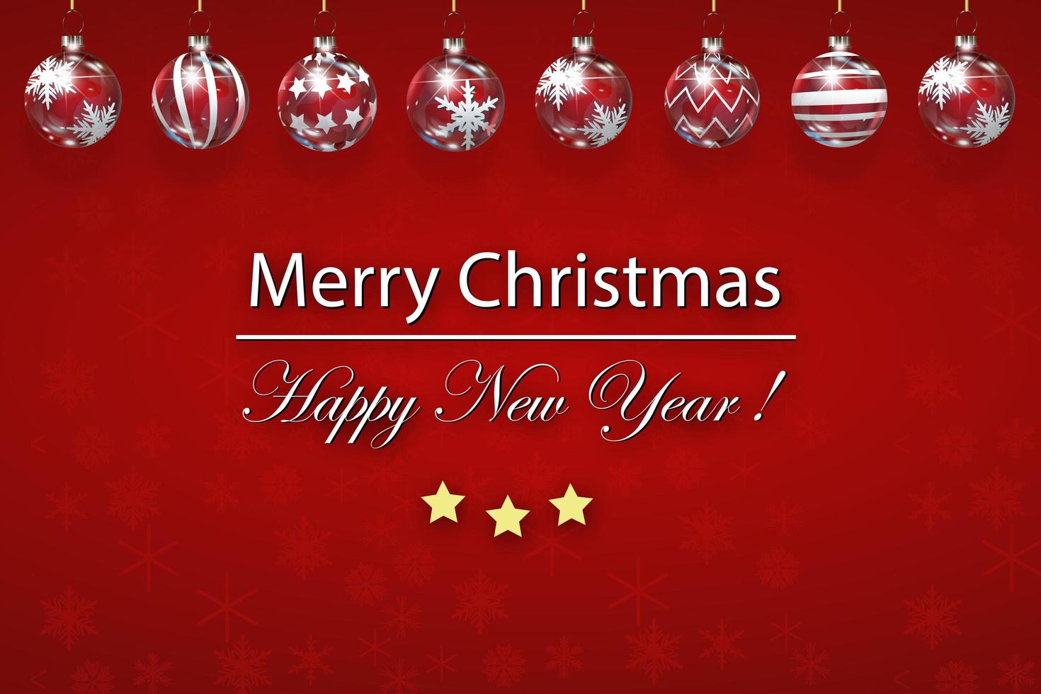 Neujahrs- und Weihnachtsgrüße mit leuchtend roten Schneeflocken Weihnachtsbaum Glaskugeln. frohe weihnachten kartenillustration auf rotem hintergrund. funkelnde rote Schneeflocken mit glänzender Textur vektor