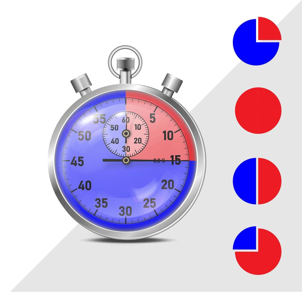 vektor stoppur, timer. klassiskt stoppur eps 10 vektor. glasreflektioner, jordskugga med ringmellanrum i rött och blått. illustration för utformningen av tidsintervallet.