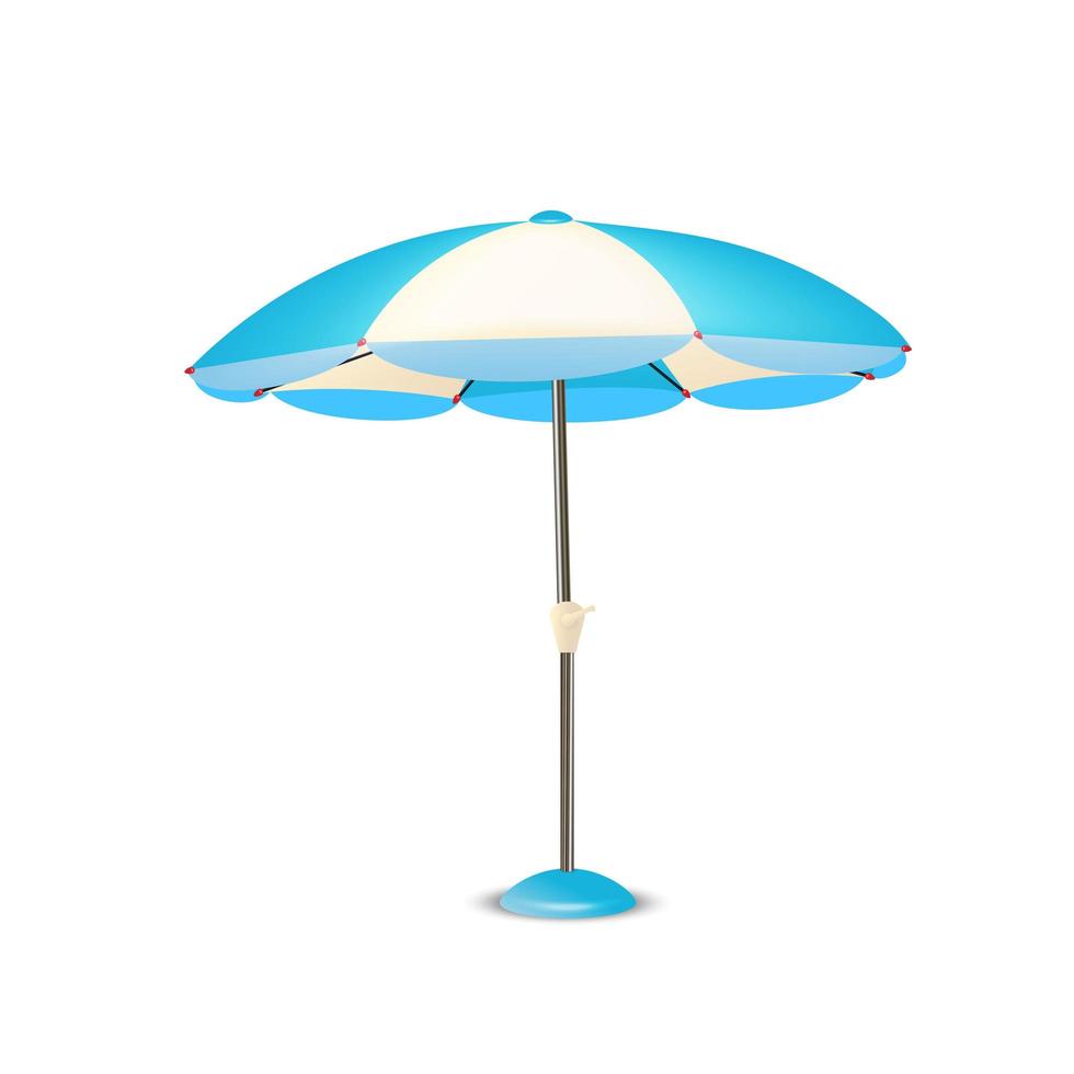 Vektor 3d realistischer Sonnenschirm in blau, weiß gestreift mit Fransen.