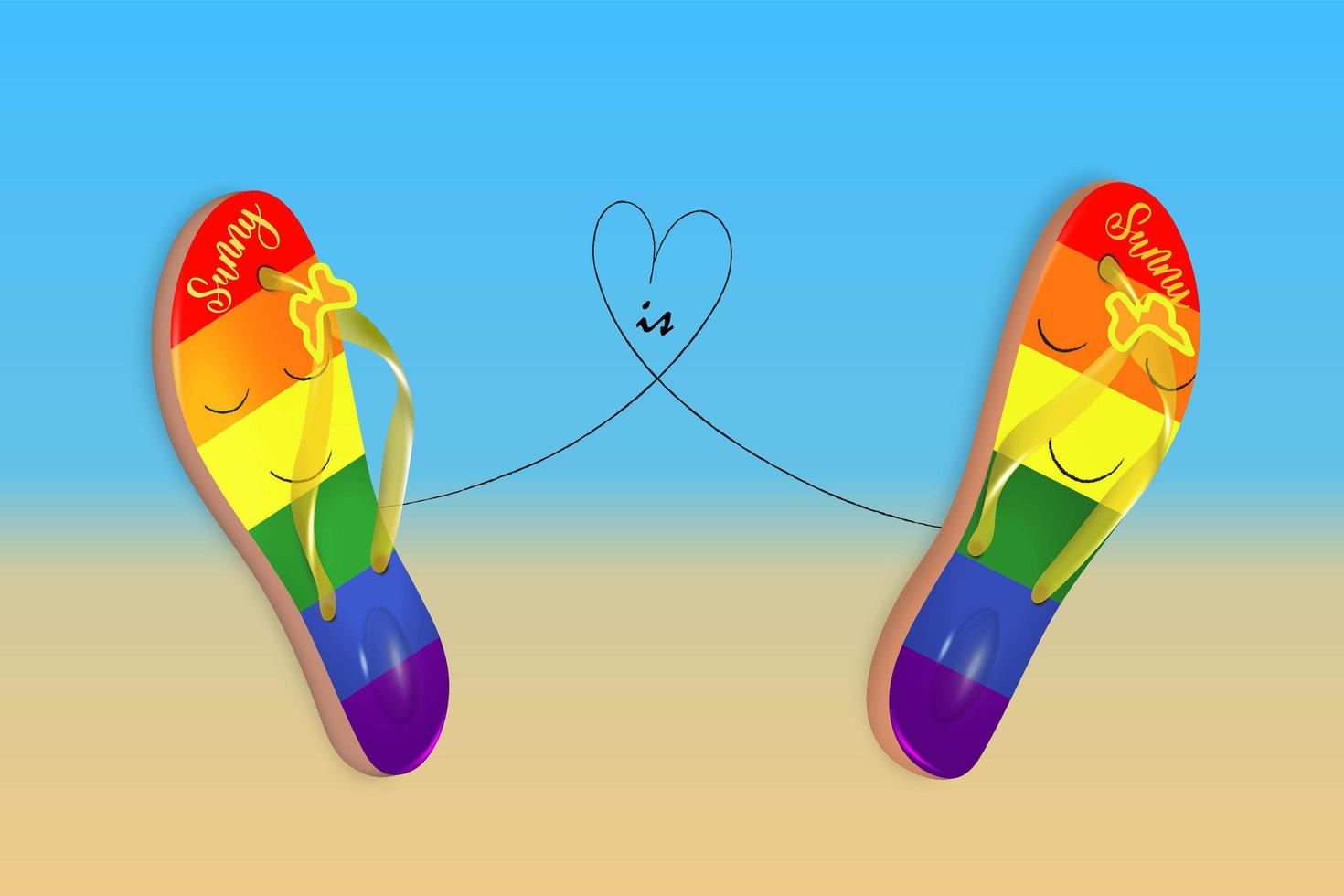 Schwule Liebe ist Liebe. Vektor-Illustration von nicht-traditionellen Beziehungen, LGBT. Flip-Flops und ein Herz im Hintergrund des Strandes. vektor