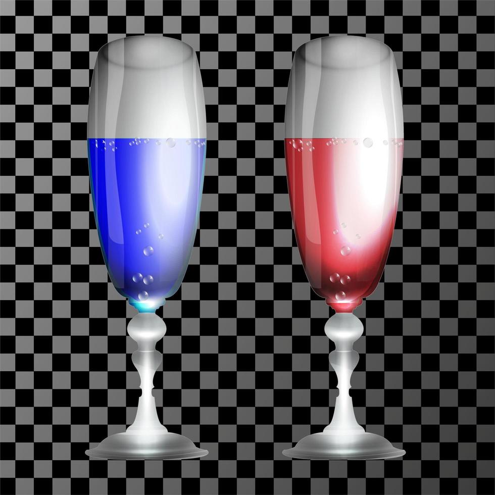 Glas für Champagner, Wein. Kollektion in verschiedenen Farbtönen. Valentinstag, Weihnachten und Hochzeit 3D realistisches Vektormodell. Illustration eines Glases Champagner-Flüssiggetränk vektor