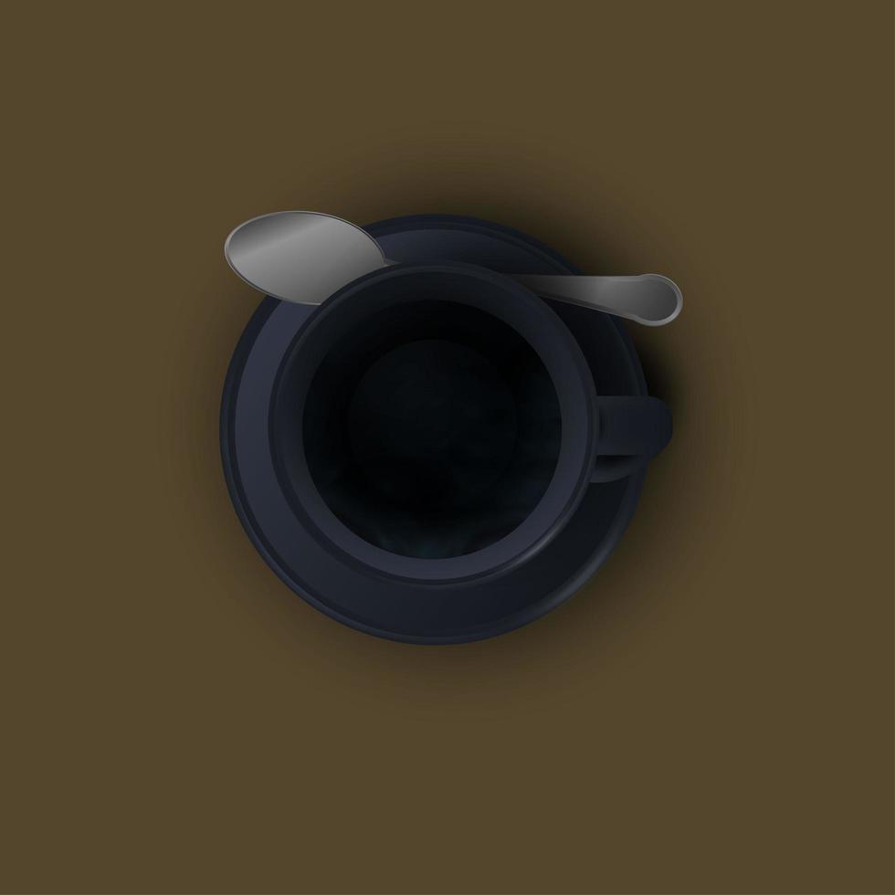 schwarze realistische Kaffeetasse mit Rauch auf braunem Hintergrund. vektor