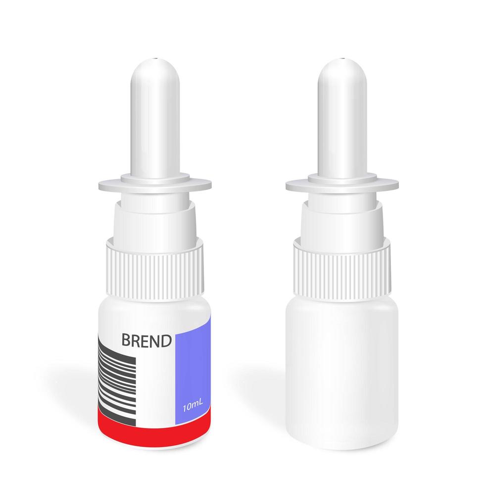 realistisk nässpray plast vit flaska mockup set. mot influensa och nässjukdomar. farmaceutisk aerosol med pump med och utan etikett. 3D medicin vektor mall.