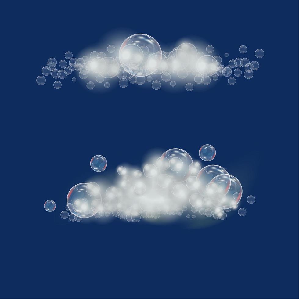 skum med tvål i form av moln på en blå bakgrund. schampo och skum vektorillustration. vektor