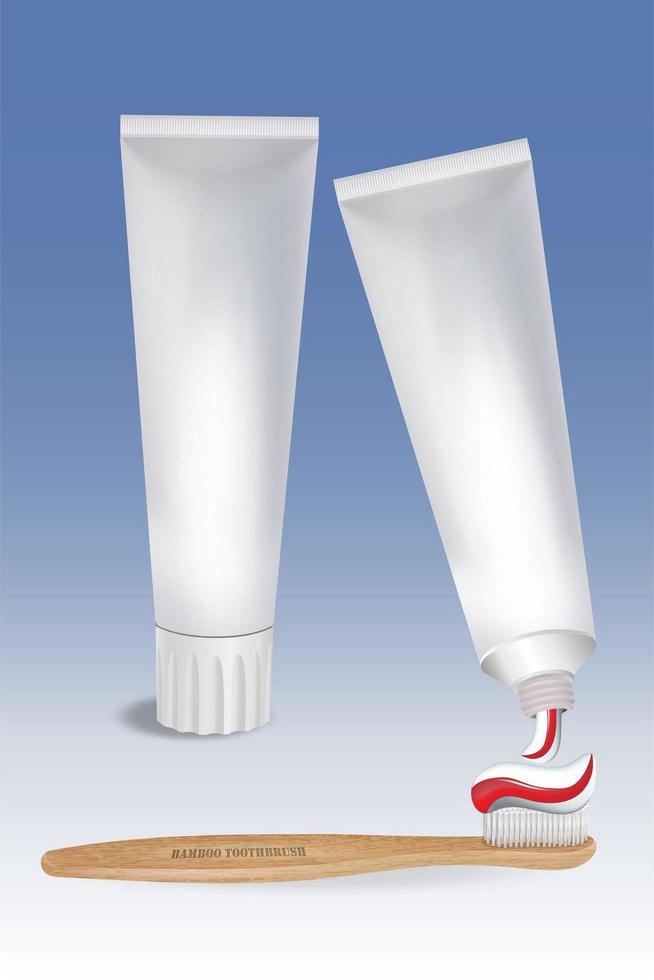 tom tom vit tandkräm tube.hygiene koncept med eco bambu borste. realistisk eps10 vektor. vektor