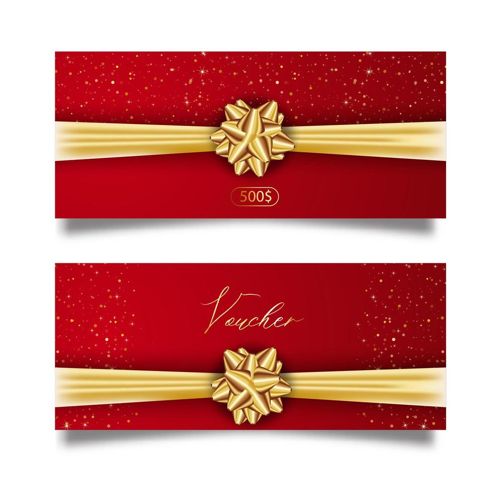 Satz stilvoller Geschenkgutscheine mit goldenem Band und Schleife. Vektor elegante Vorlage für Geschenkkarte, Coupon und Zertifikat vom Hintergrund isoliert.
