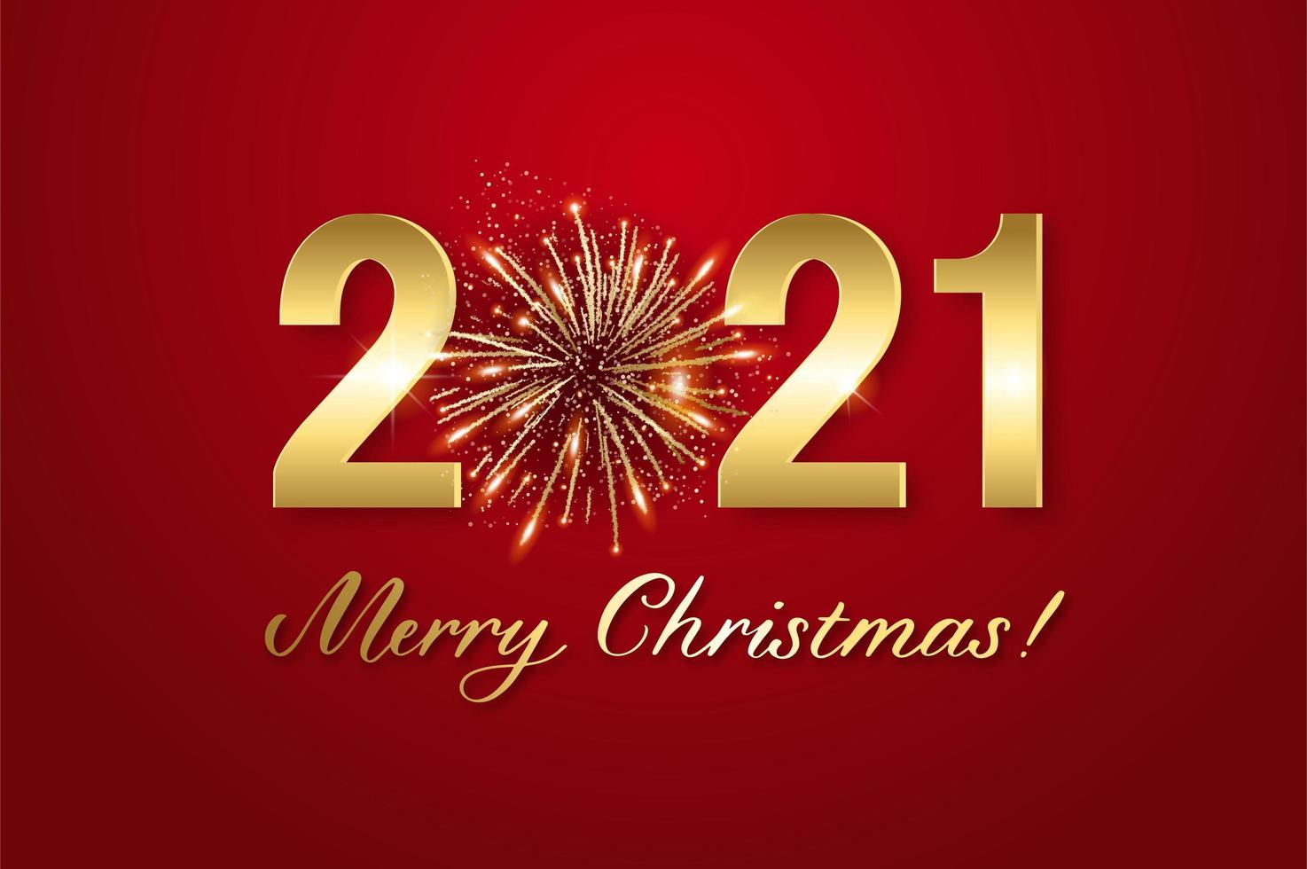 god jul 2021. bakgrund med lysande siffror och fyrverkeri. nyår och julkort illustration på röd bakgrund. vektor