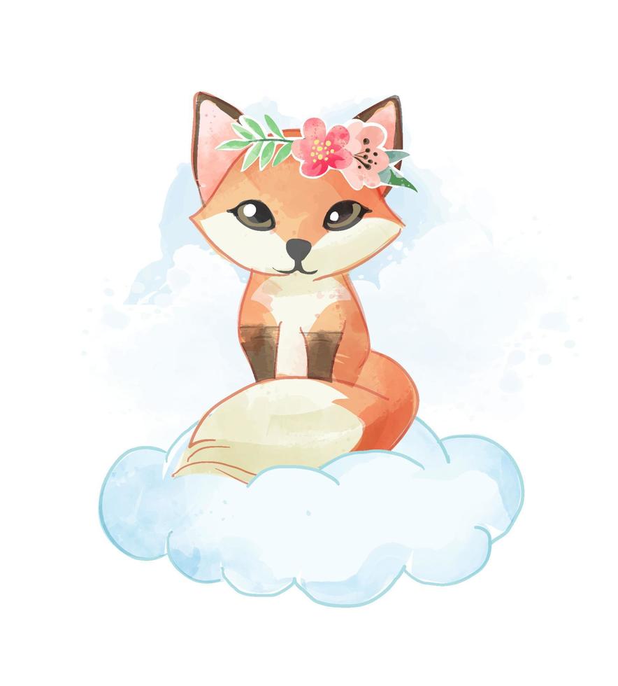 süßer kleiner Fuchs mit Blumenkrone auf der Wolkenvektorillustration vektor