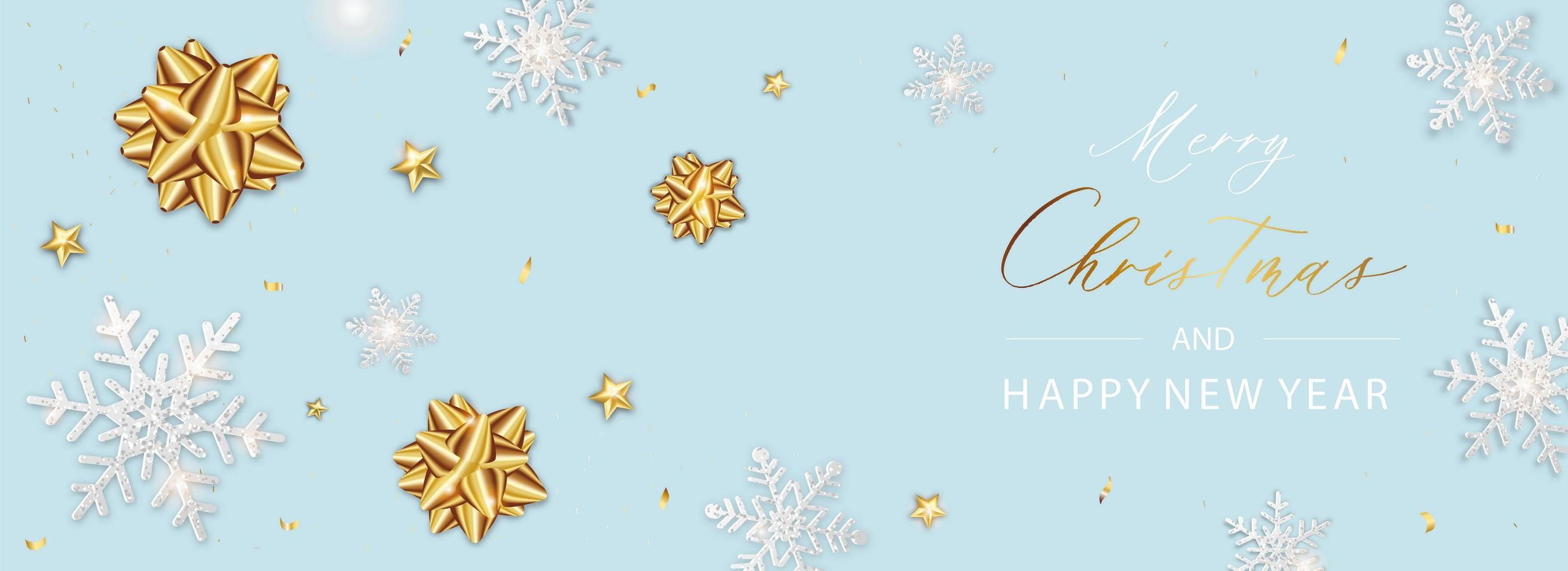 god jul banner. bakgrund xmas design affisch av gnistrande ljus stjärna och snöflinga och glitter guld konfetti. vektor