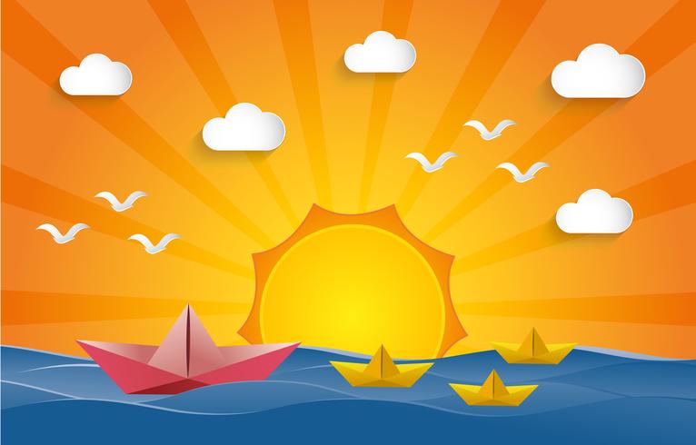 Ledarskapskoncept. Pappersbåt seglar på vatten med solnedgångstid. vektor