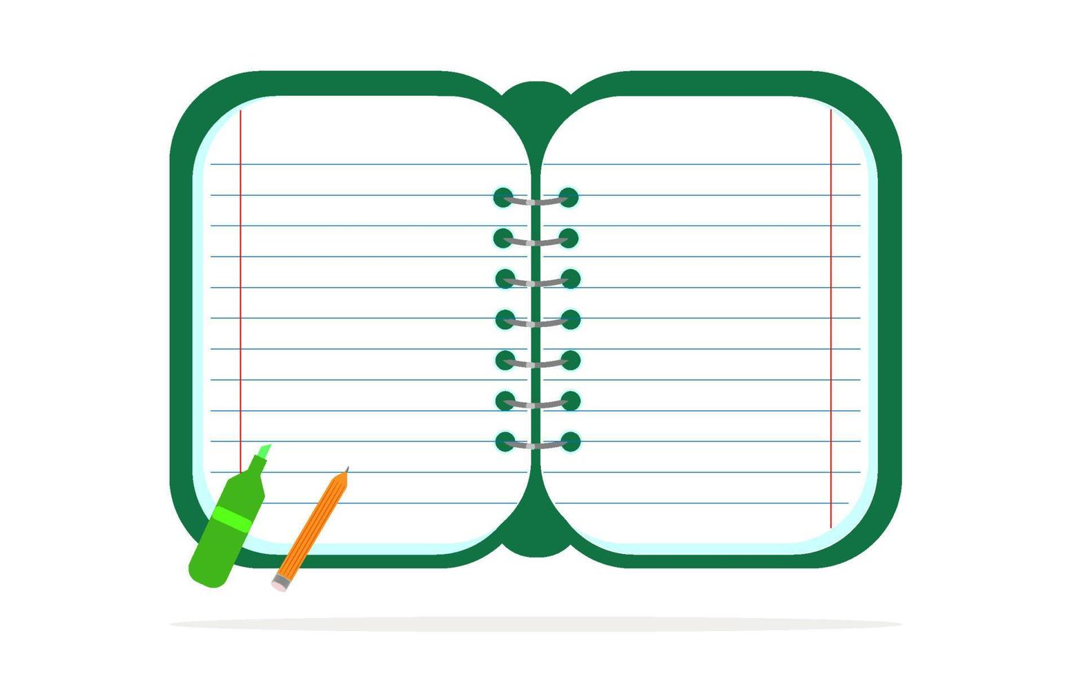 öppen anteckningsbok för anteckningar grön färg. vektor illustration