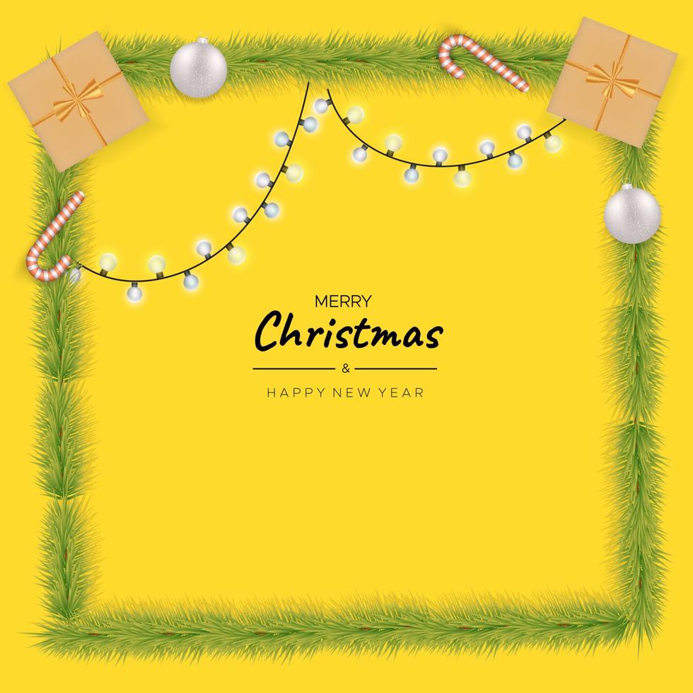 god jul gratulationskort med julpresentförpackning, julgran, julballonger, julbelysning på gul bakgrund vektor