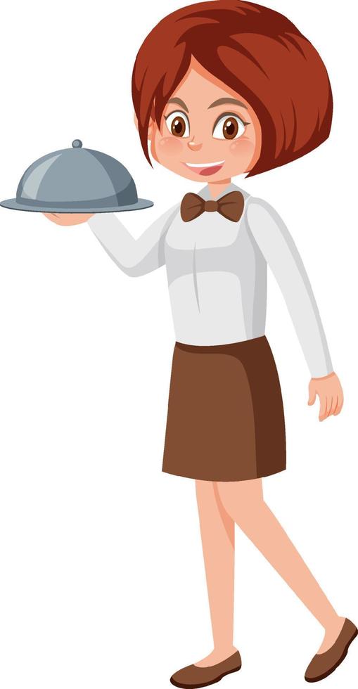 en ung servitris som serverar mat vit bakgrund vektor