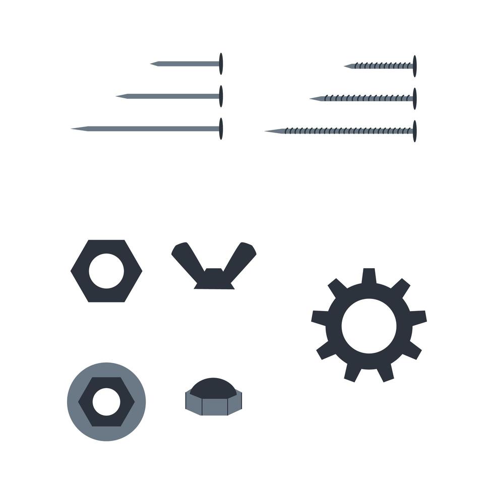 set med spik, kugghjul och skruvhylsa platt illustration. el, hemreparation, hemrenoveringskoncept vektor