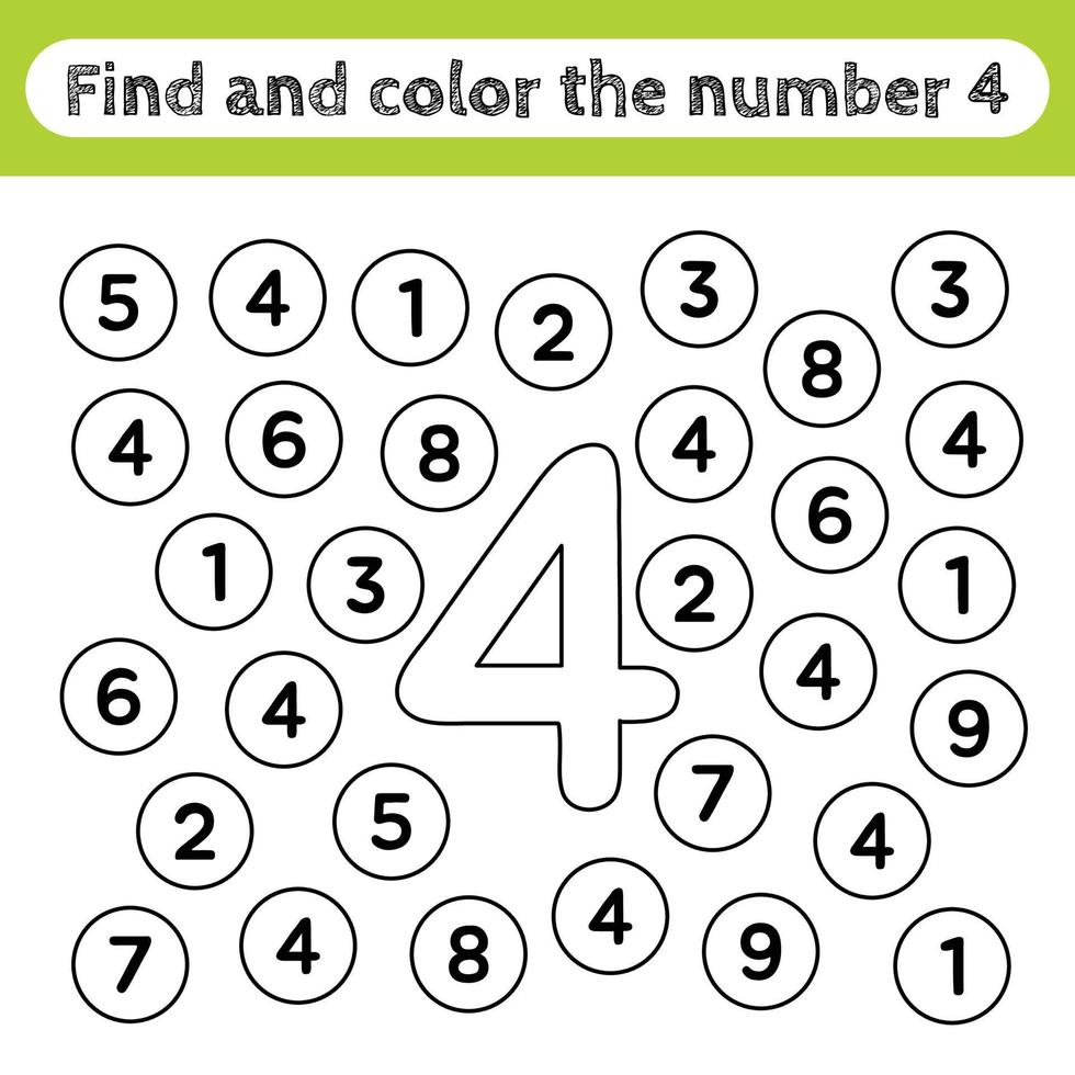 Arbeitsblätter für Kinder lernen, Zahlen finden und färben. Lernspiel, um die Form der Zahl 4 zu erkennen. vektor