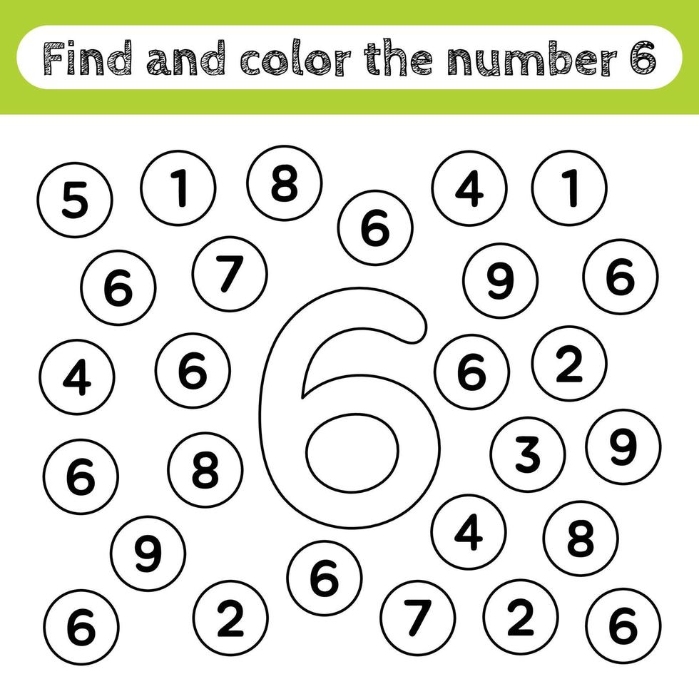 Arbeitsblätter für Kinder lernen, Zahlen finden und färben. Lernspiel, um die Form der Zahl 6 zu erkennen. vektor