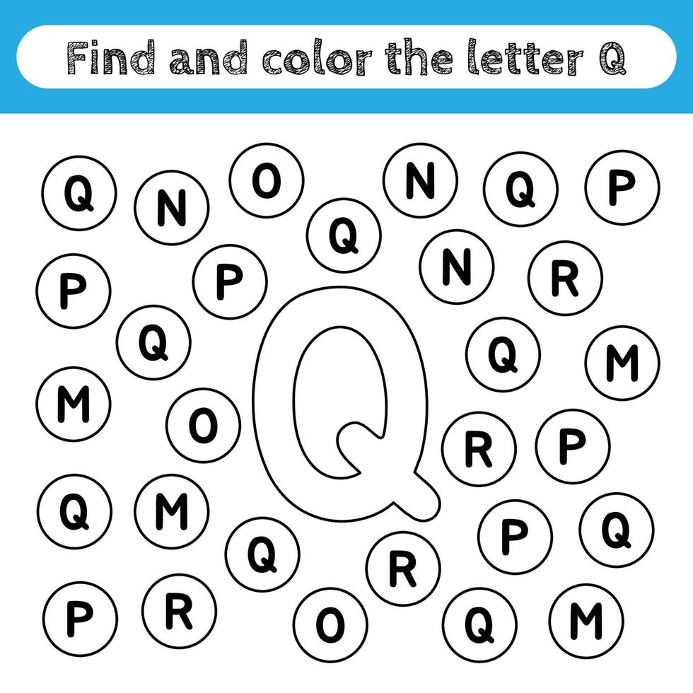 Arbeitsblätter für Kinder lernen, Buchstaben finden und färben. Lernspiel, um die Form des Alphabets zu erkennen. Buchstabe q. vektor