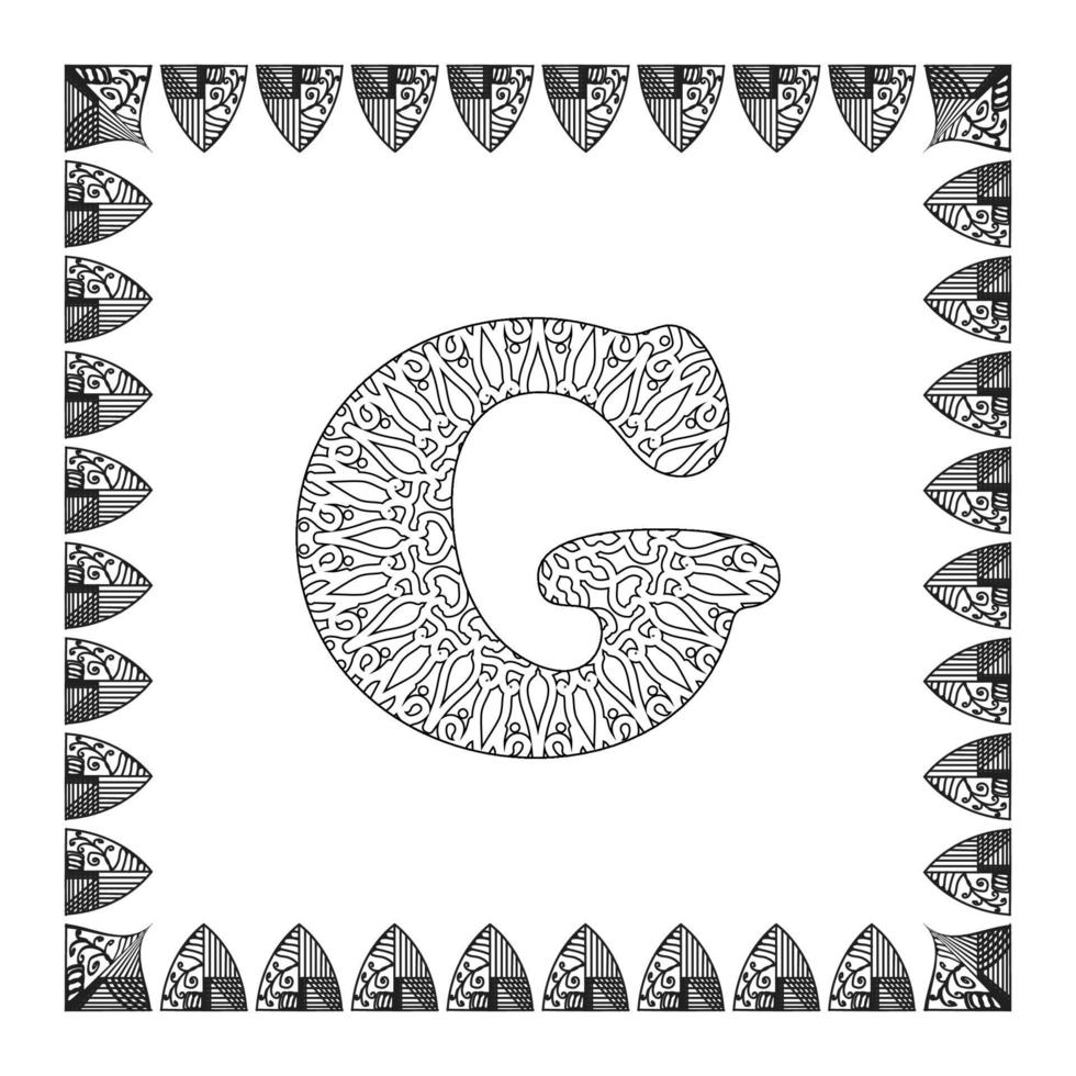 bokstaven g med mandala blomma. dekorativ prydnad i etnisk orientalisk stil. målarbok sida. vektor