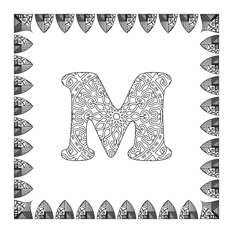 Buchstabe m mit Mandala-Blume. dekoratives Ornament im ethnisch-orientalischen Stil. Malbuchseite. vektor