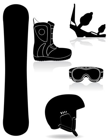 Stellen Sie Ikonenausrüstung für die schwarze Schattenbildvektorillustration des Snowboarding ein vektor