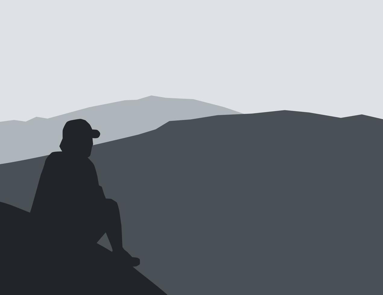 Vector Illustration eines Mannes, der auf einem Berg mit einem schönen Blick auf die Berge sitzt. Abbildung eines Berges