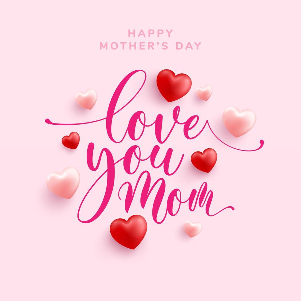 Liebe dich Mama Wort handgezeichnete Schriftzüge und Kalligraphie mit roten und rosa Herzen auf rosa Hintergrund. Muttertagsvorlage oder Hintergrund für Liebes- und Muttertagskonzept vektor