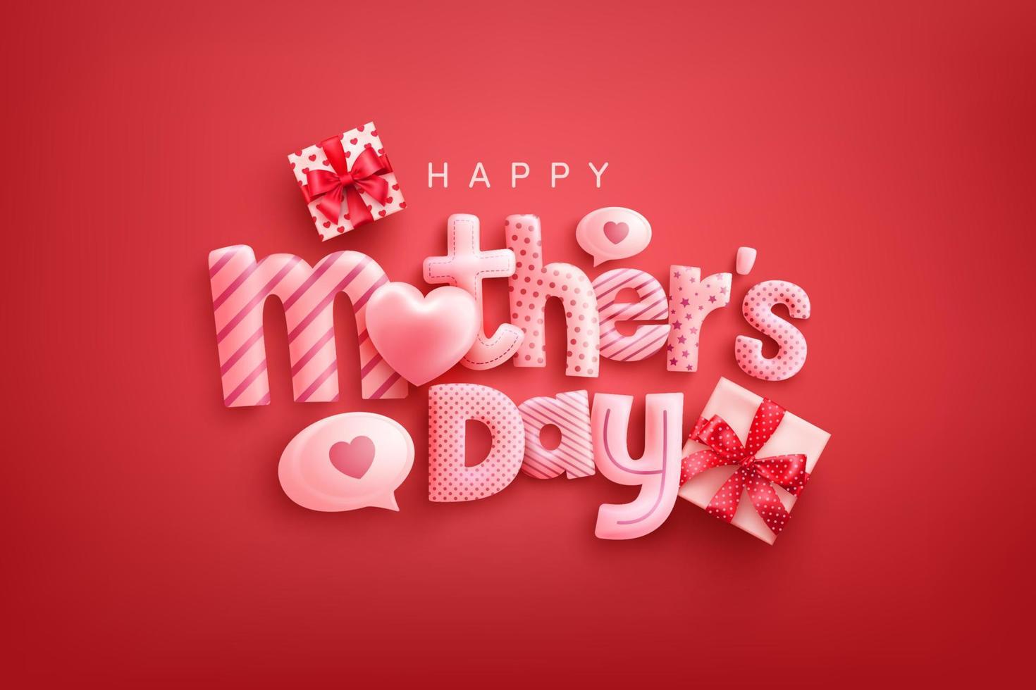 Happy Mother's Day Poster oder Banner mit süßer Schrift, süßen Herzen und Geschenkbox auf rotem Hintergrund.Promotion- und Shopping-Vorlage oder Hintergrund für Liebes- und Muttertagskonzept vektor