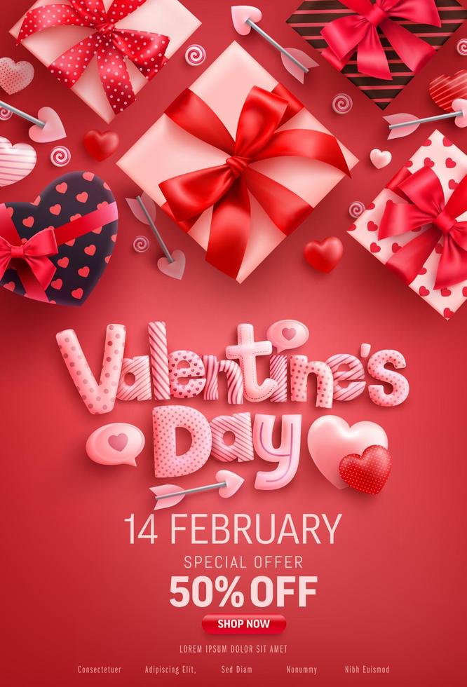 Alla hjärtans dag rea affisch med presentask på röd background.promotion och shopping mall för kärlek och alla hjärtans dag koncept. vektor