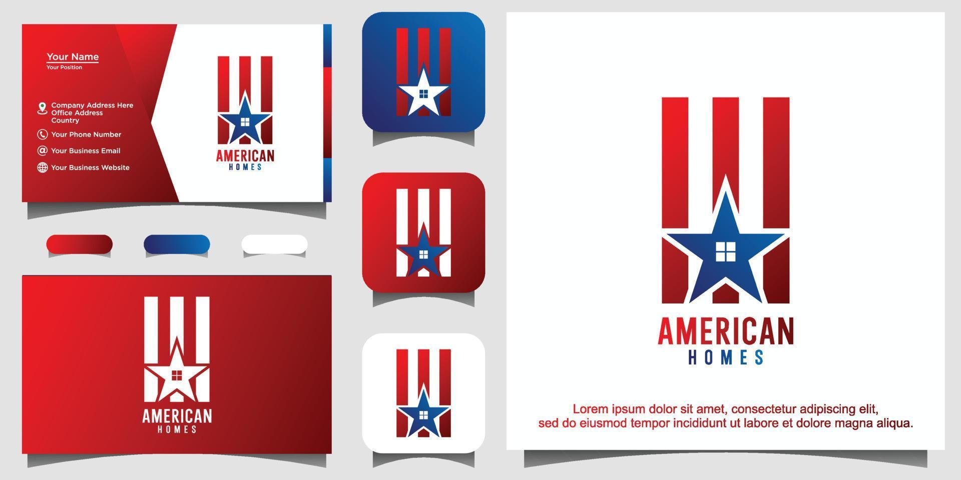 amerikansk flagga hus hem inteckning logotyp vektor