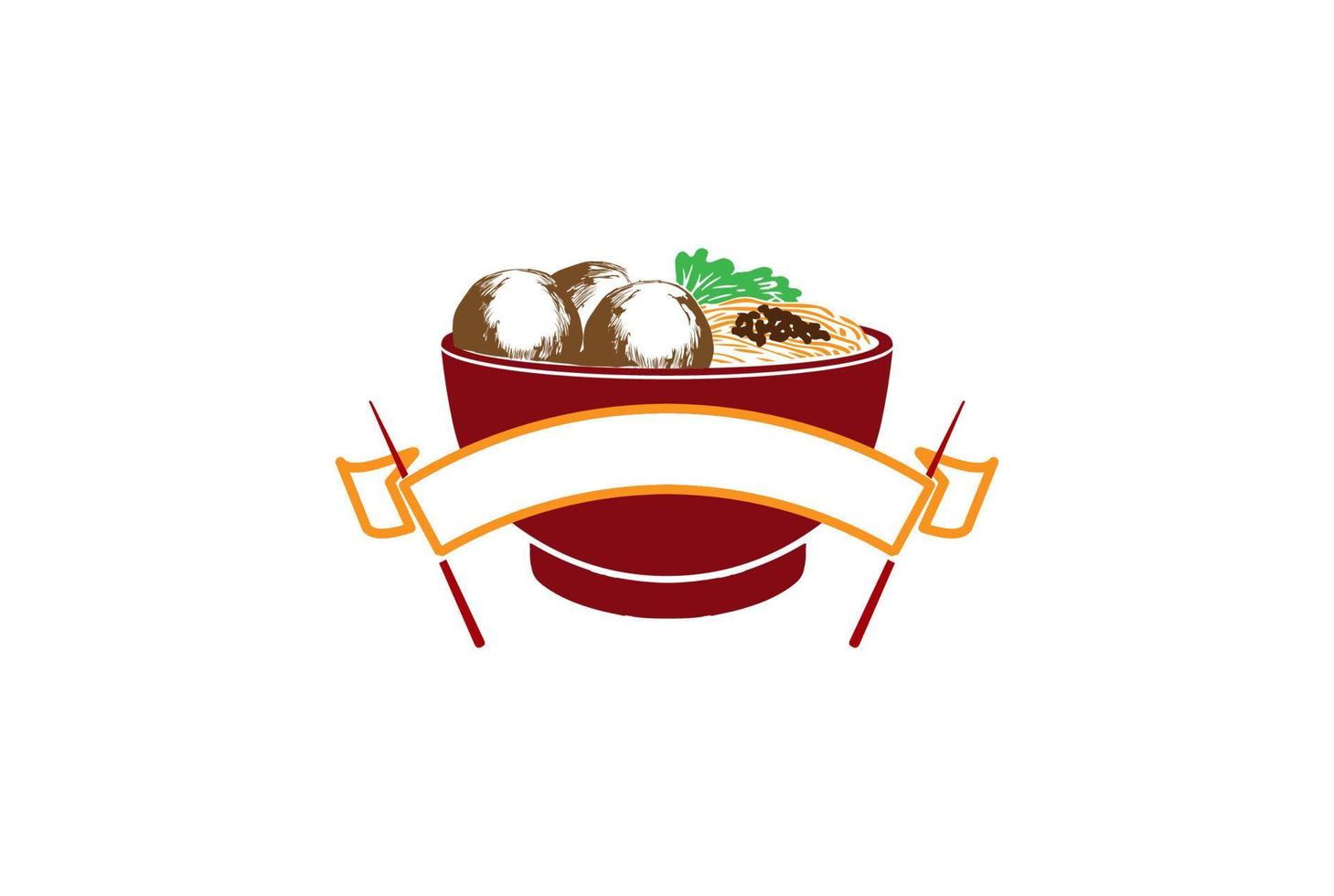 rote Schüssel Essstäbchen mit Fleischbällchen und Nudeln asiatisch japanisch chinesisch koreanisch orientalisches Essen Restaurant Logo Design Vektor