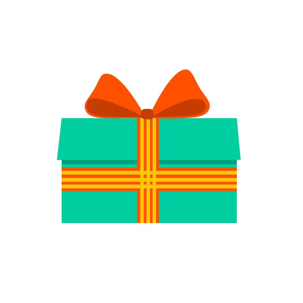 Geschenk in einer Minze-Box mit einem orange gestreiften Band. Überraschen Sie mit einer schönen Schleife. flacher Stil. für ein Logo, Banner oder eine Postkarte. vektor
