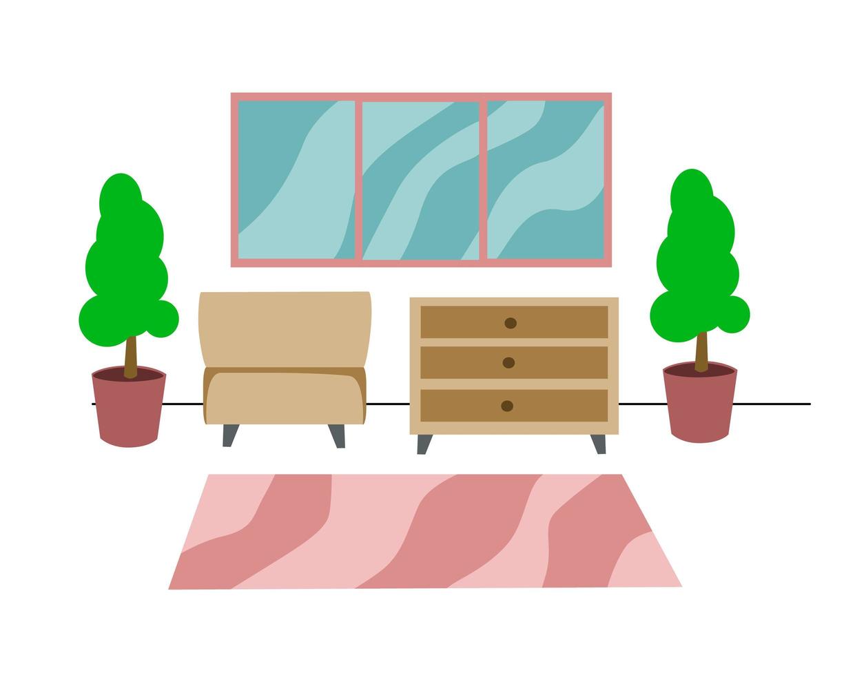 vardagsrumsinredning med fönster, stol, byrå, matta och trä i platt design. vektor illustration.