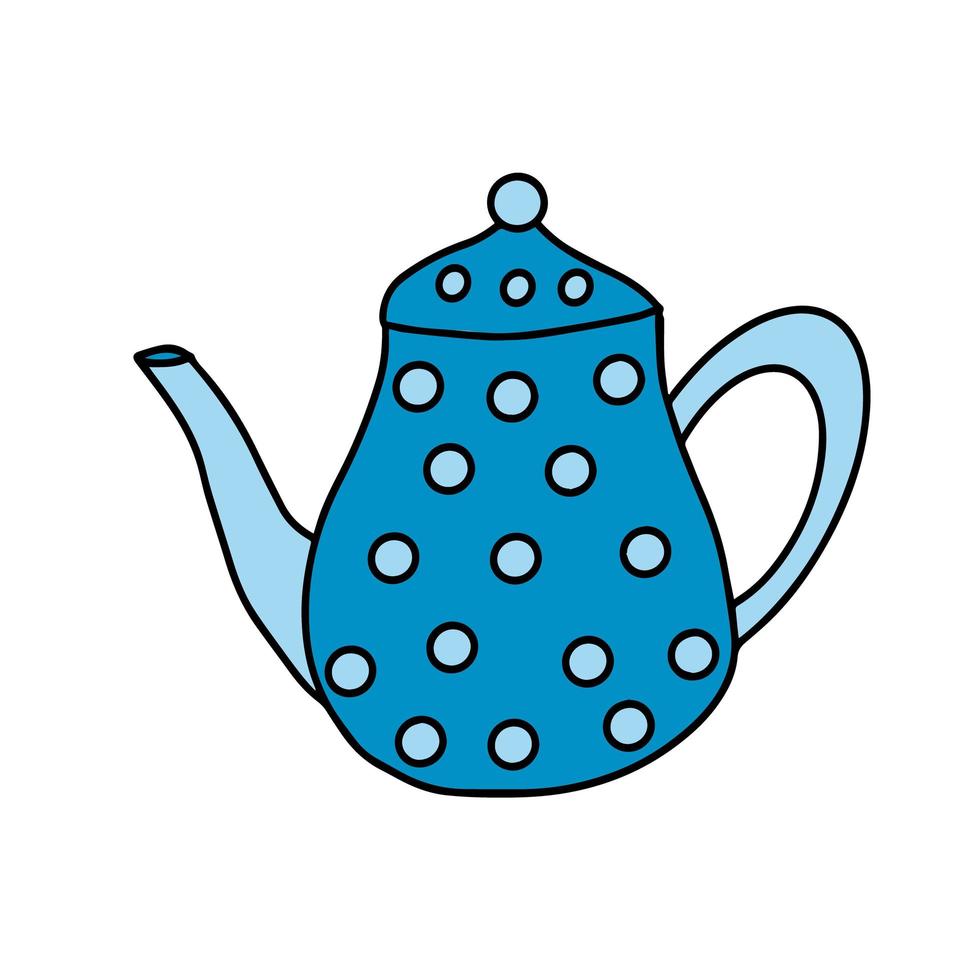 lineare skizze einer blauen teekanne im stil von doodles. Küchenhelfer. isoliert auf weißem Hintergrund. vektor