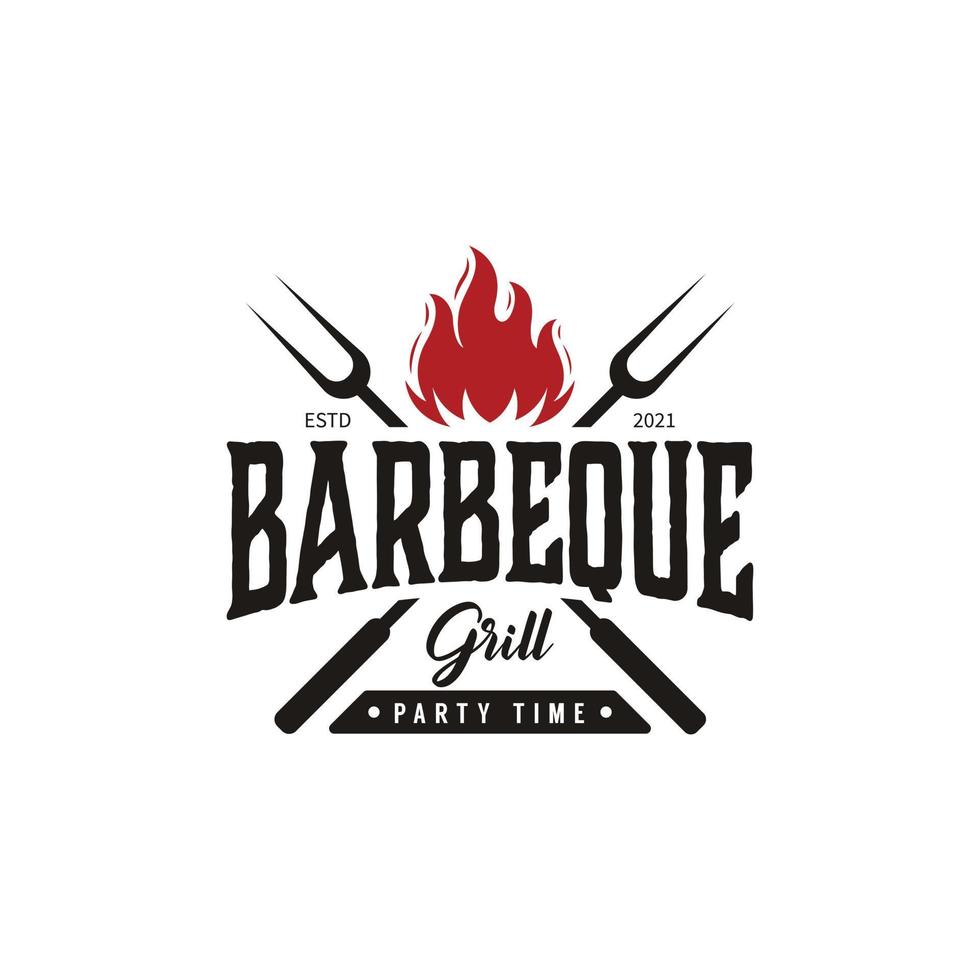Vintage-Barbecue-Grill mit gekreuzter Gabel und Feuerflamme-Logo-Design vektor