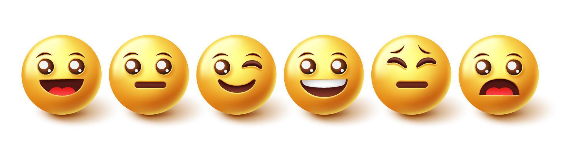 Emoji-Zeichen-Vektorsatz. Emoticons glücklicher, fröhlicher und trauriger Ausdruck im gelben Gesichtselement für die Gesichtssammlung einzeln auf weißem Hintergrund. Vektor-Illustration. vektor