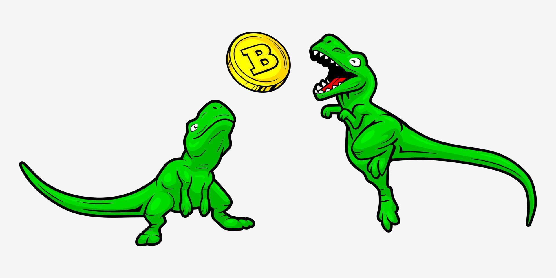 vektorillustration av två dinosaurier som försöker bita en bitcoin i tecknad stil vektor