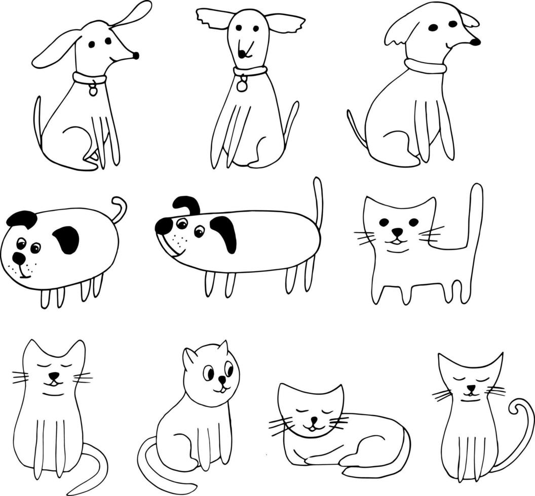 Hunde und Katzen-Icon-Set. handgezeichnetes Gekritzel. , skandinavisch, nordisch, minimalismus, einfarbiges haustier süß lustig vektor