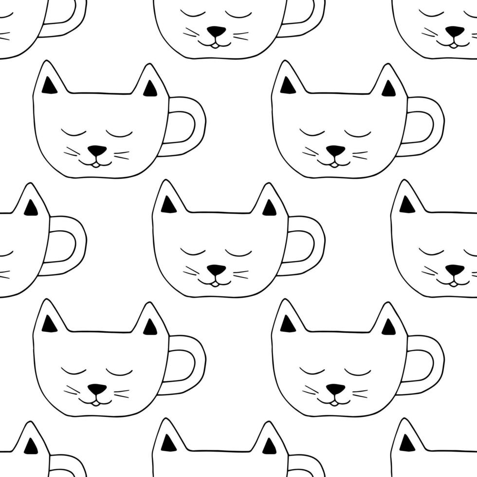 Tasse in Form eines Katzengesichts nahtlose Muster handgezeichnete Doodle. , Minimalismus. Geschenkpapier, Textilien, Heißgetränk im Hintergrund, Kakao, Kaffee, Tee, Aufkleber, Symbol, Menüdruck vektor