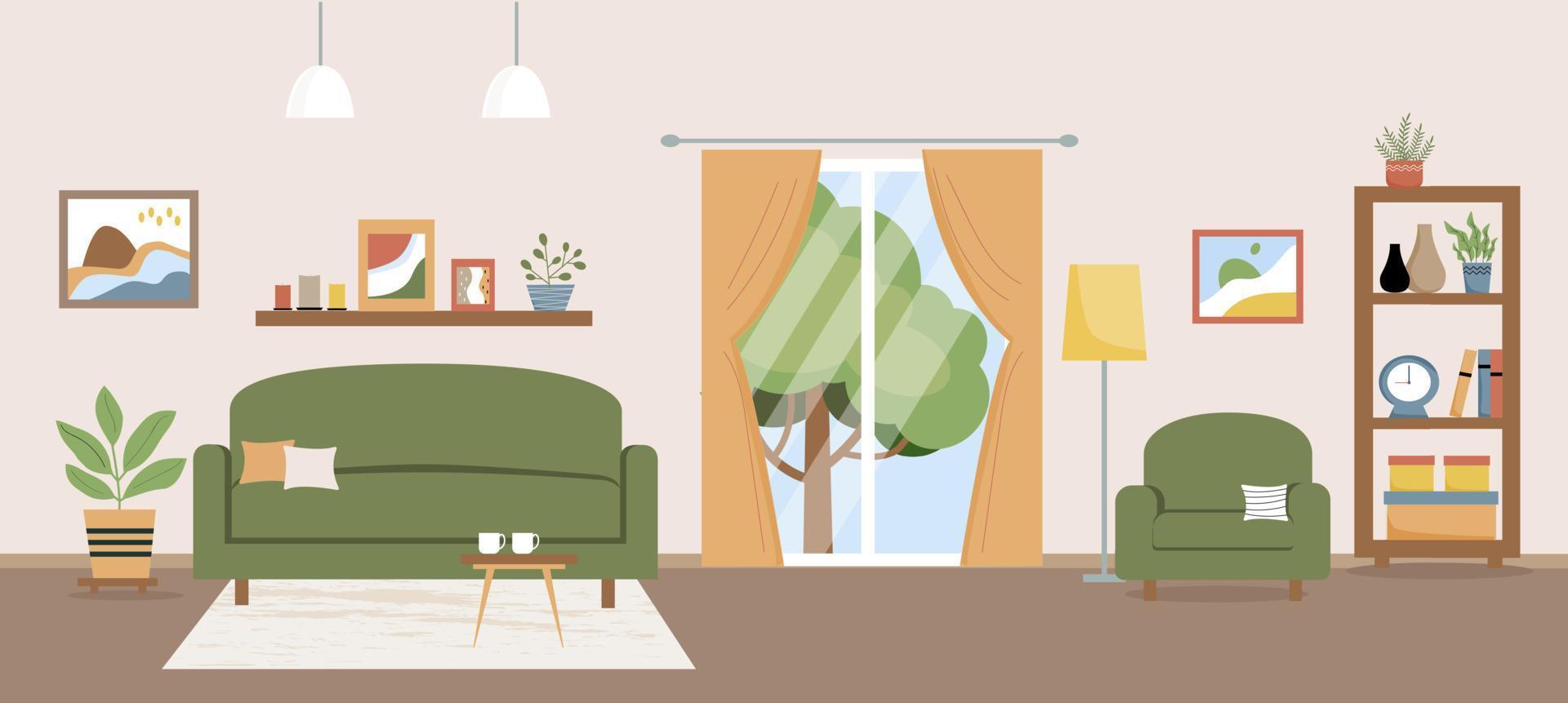 vardagsrum vektor illustration. vardagsrum med möbler. soffa, fåtölj, bord, balkong, ställning, hemväxter, bord, dekoration. platt stil.