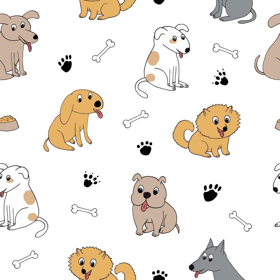 Hunde nahtlose Muster. handgezeichnetes Gekritzel. , Karikatur, Minimalismus. Trendfarben 2021. Tapeten, Verpackungen, Textilien Banner Tiere Haustiere Knochen Pfoten Baby vektor